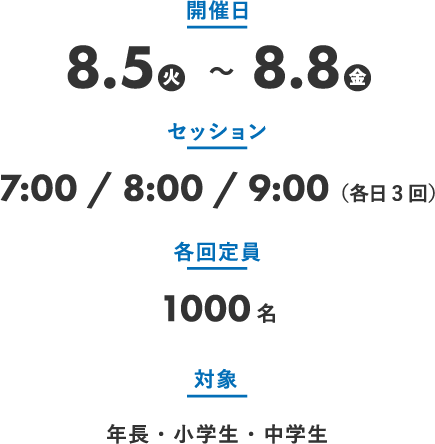 開催日 8.5火～8.8金　セッション 7:00 / 8:00 / 9:00（各日3回）各回定員 1000名 対象 年長・小学生・中学生