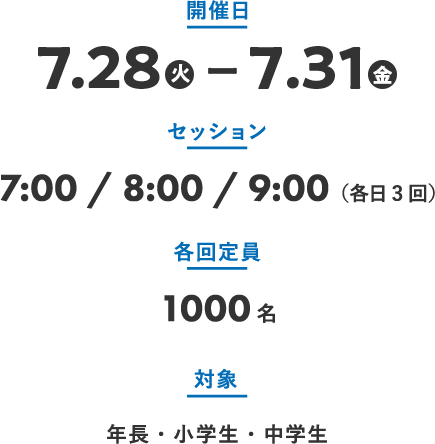 ・開催日 7.28火-7.31金 ・セッション 7:00 / 8:00 / 9:00（各日3回） ・各回定員 1000名 ・対象 ・年長・小学生・中学生